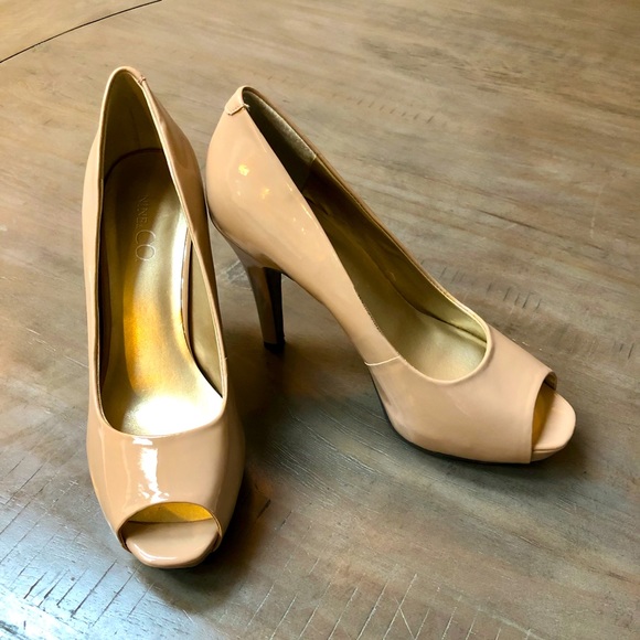 Nine West Shoes - Nine West JJ Brontë, beige patten, peep toe heels.